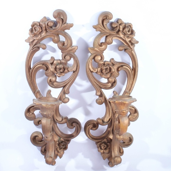 Two Vintage 1971 HOMCO #4118 Gold Wall Sconce Candle Holder Hollywood Regency - Picture 1 of 5